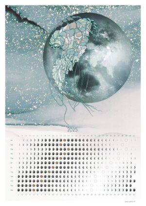 Poster A3 en papier de qualité illustrant une méduse émeraude flottant sous la pleine lune