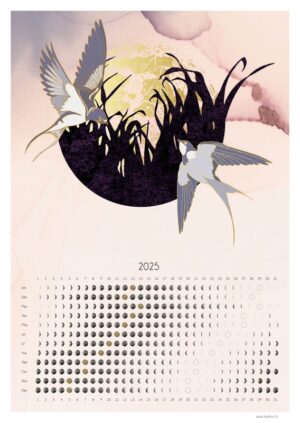 Poster A3 en papier de qualité montrant une pleine lune dorée avec deux oiseaux en vol